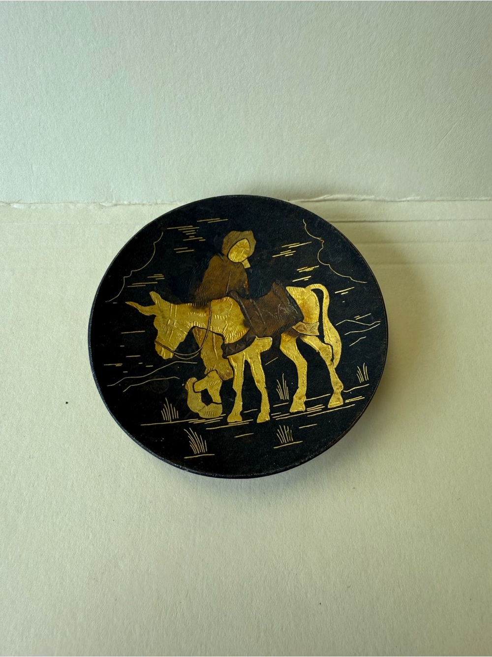 Vintage Damascene Black Gold Small Footed Don Quixote Sancho Panza Trinket Dish